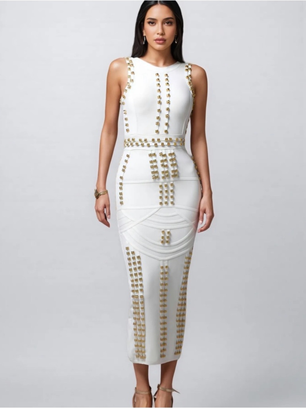 White Studded Bodycon Midi Dress - Picture 4 of 12